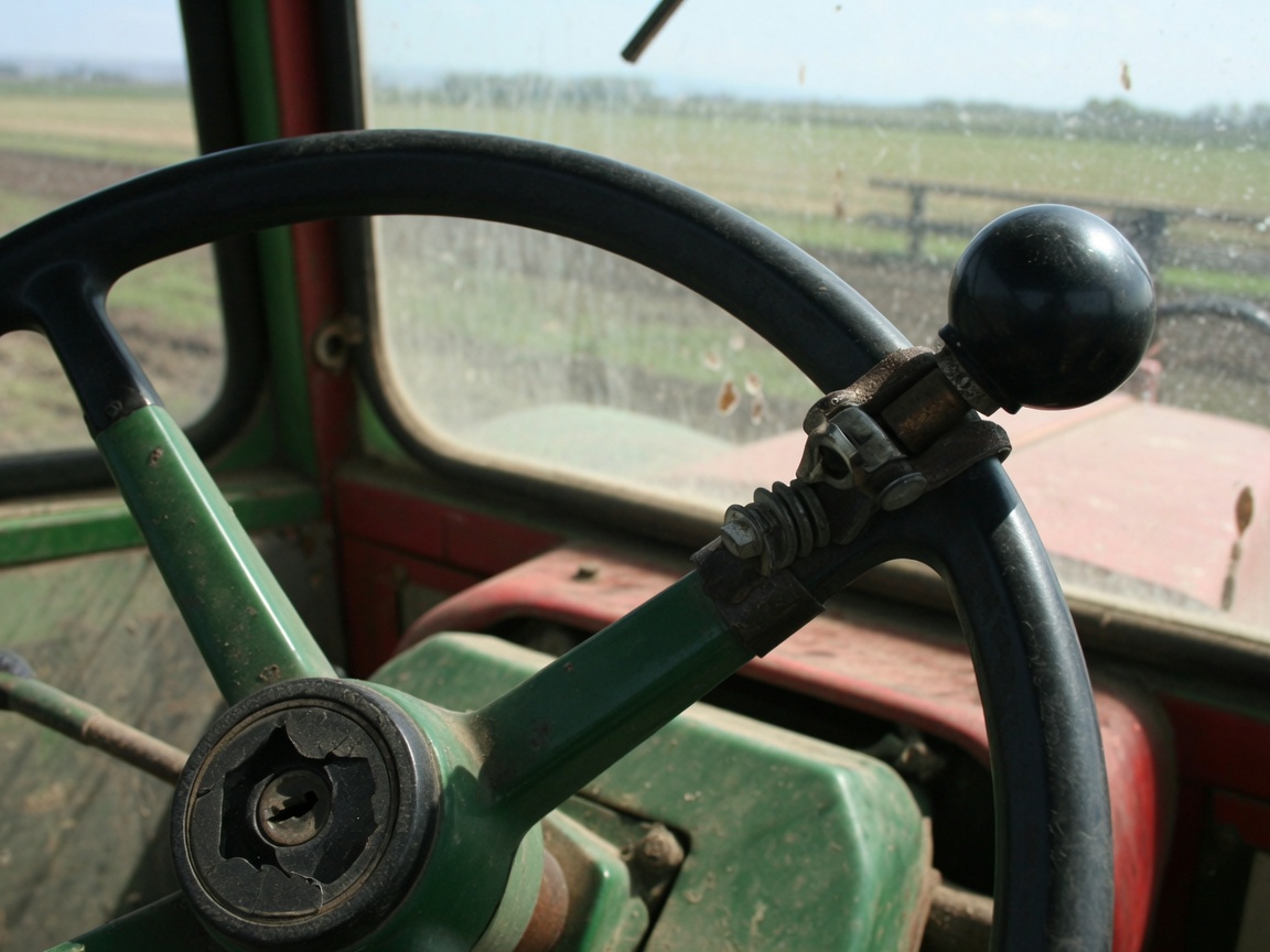 Black ball spinner knob clamped to the rim of a farm tractor steering wheel